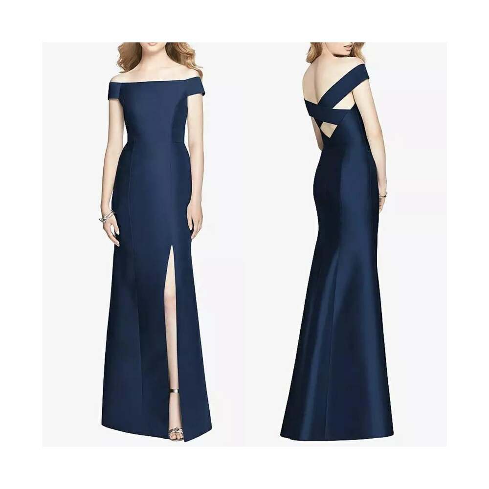 ALFRED SUNG D751 Midnight Navy NWT Off the Shoulder Criss Cross Back Satin Dress